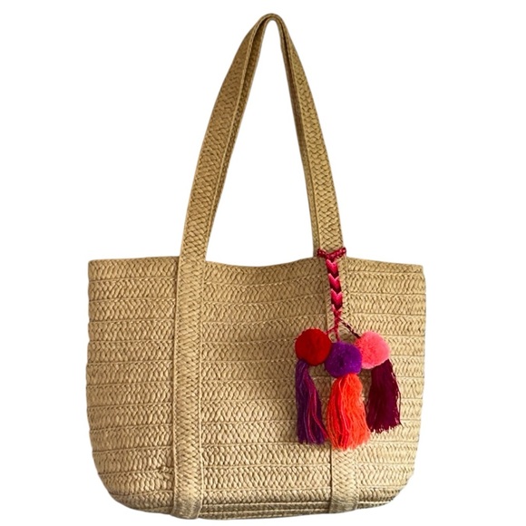 Draper James Handbags - Draper James Tan Woven Straw Summer Tote with Colorful Tassel Accent